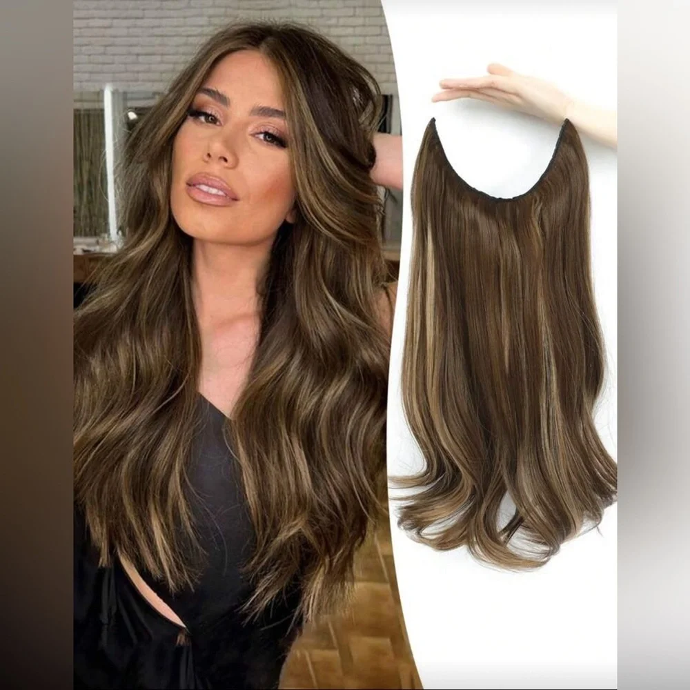 Halo Wavy Hair Extensions Chesnut Brown with Medium Blonde Highlights 18 In